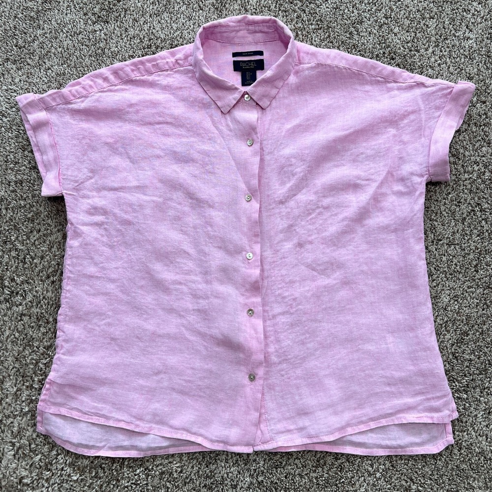 Rachel Roy Linen Boxy Button Up Shirt Pink Short Sleeve Lagenlook Womens Large